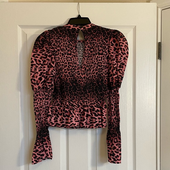 Topshop Leopard Print Shirred Blouse in Pink and Black - Picture 7 of 9